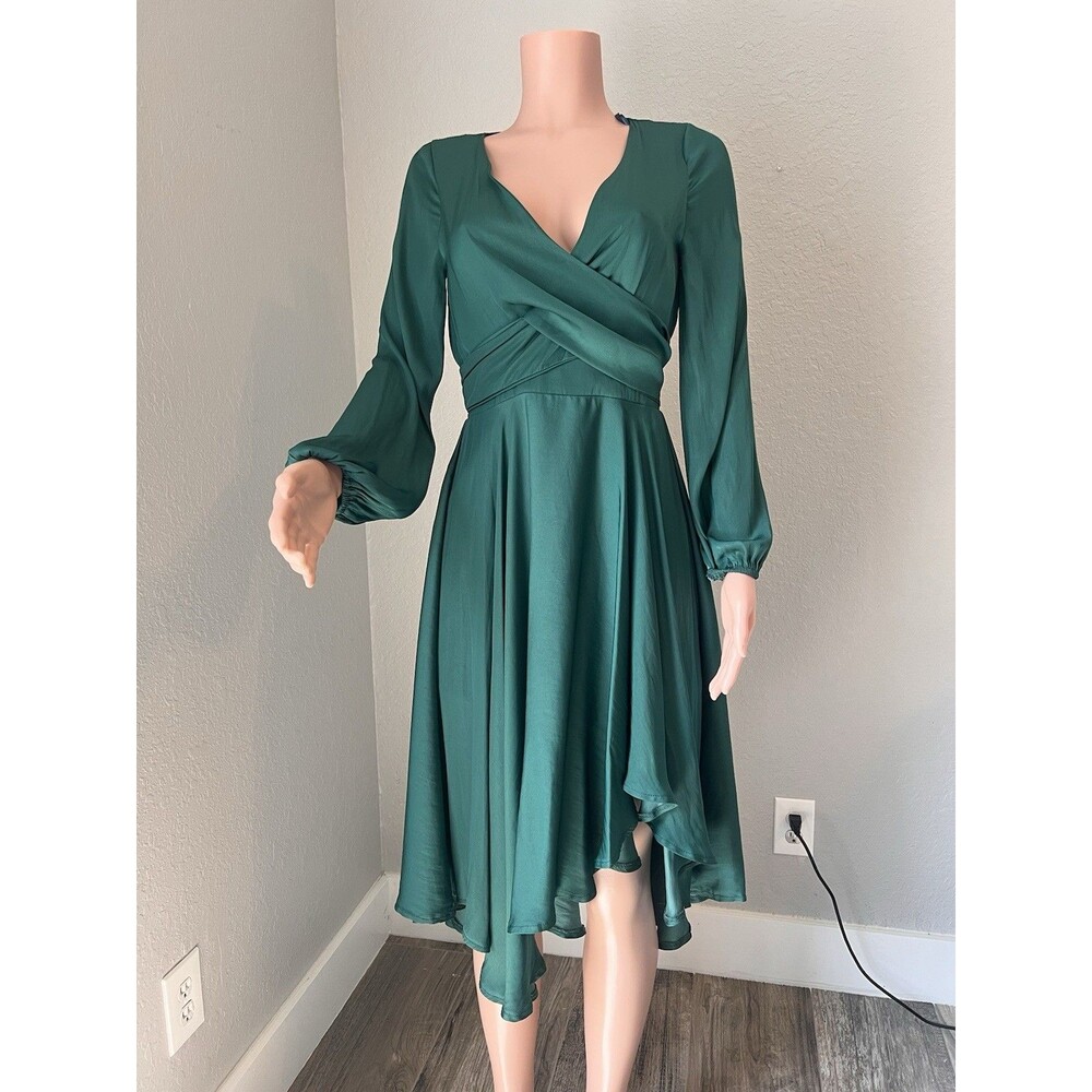 Here Comes The Sun wrap Tied waist fit flare Party Dress green Satin size 6 #171